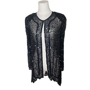 Silk Beaded Sequin Sheer Evening Duster Jacket Vintage Style Black‎ Partywear XS